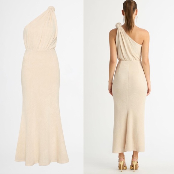 SHEIKE Australia Neutral Beige Ecru Textured One Shoulder Knot Draped Maxi Dress - Picture 11 of 11